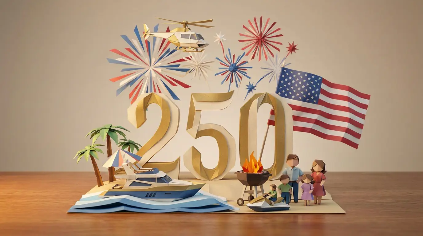 Origami paper-craft scene celebrating Labor Day and America's 250th anniversary: a folded-paper number 250, American flag, red white and blue fireworks, a beach with a luxury yacht and jet ski, a helicopter, a BBQ and a family