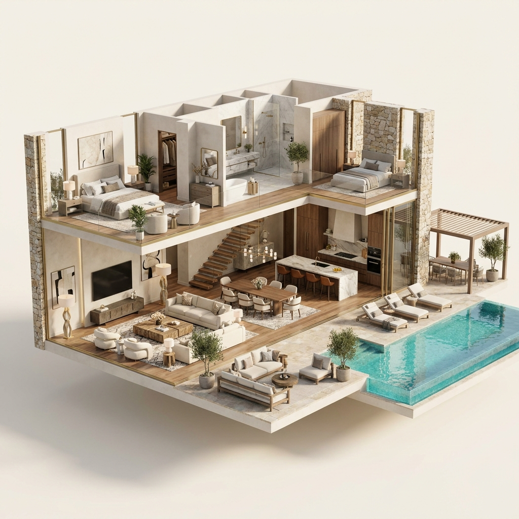 Interactive 3D cutaway floor plan of a fully-furnished luxury villa, both floors visible